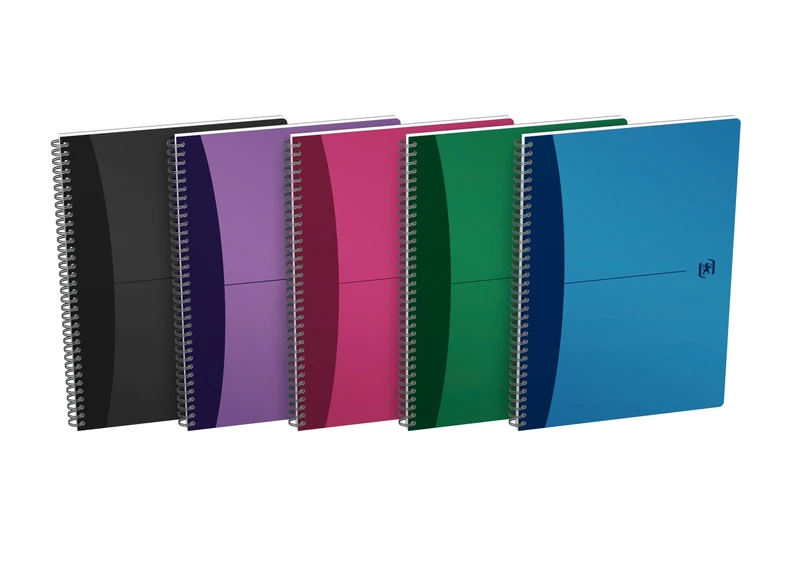 Oxford Office A4 Opaque Poly Cover Wirebound Notebook Narrow Ruled with Margin 180 Page including Repositionable Divider/Ruler, Assorted Colours, 5 Notebooks, Blue/Green/Grey/Pink