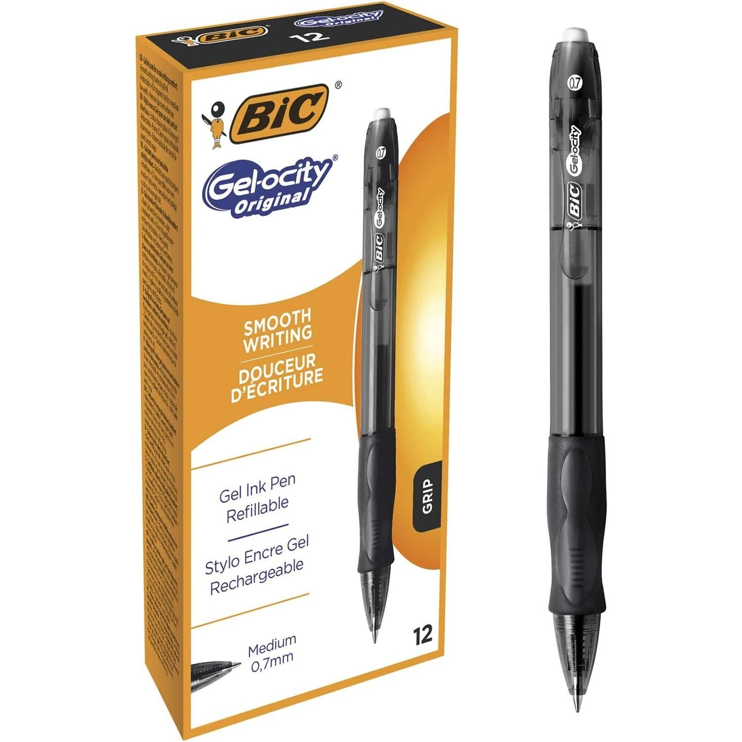 BIC Gel-ocity Original, Gel Ink Pens, With a Soft Grip, Seamless Smooth Writing, in Black, Medium: 0.7mm, Pack of 12