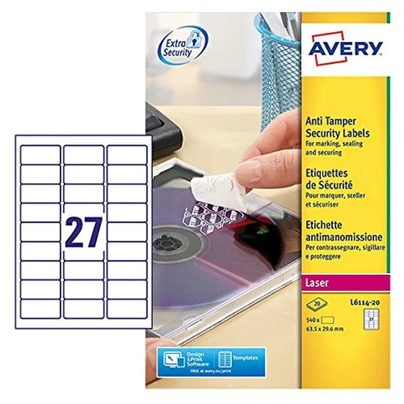 Avery L6114-20 Extra-Strong Adhesive Anti Tamper Security Labels, 27 Labels Per A4 Sheet