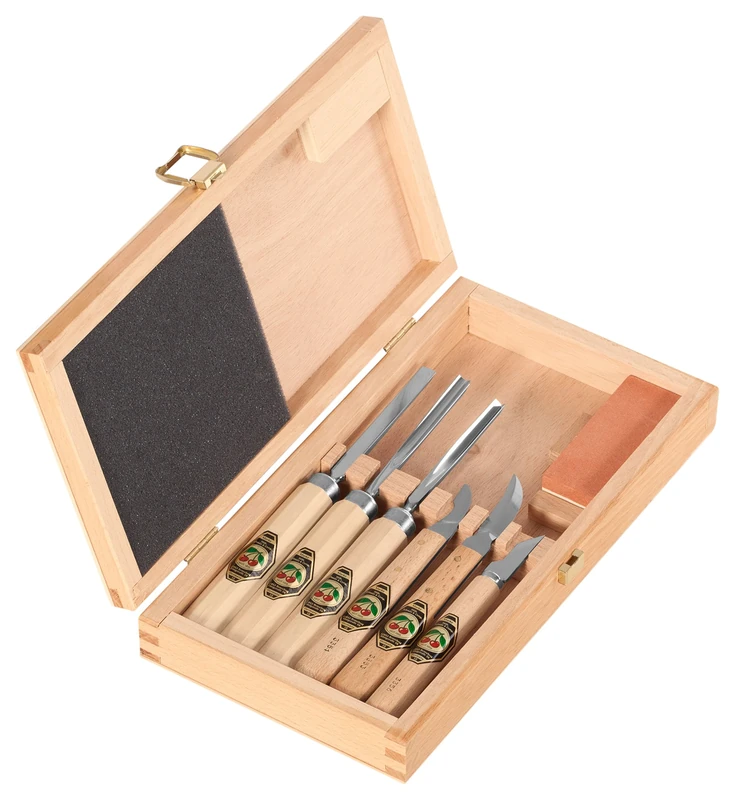 Kirschen 3437000 Carving Tool Set in Wooden Box, Beige/Silver, 7-Piece