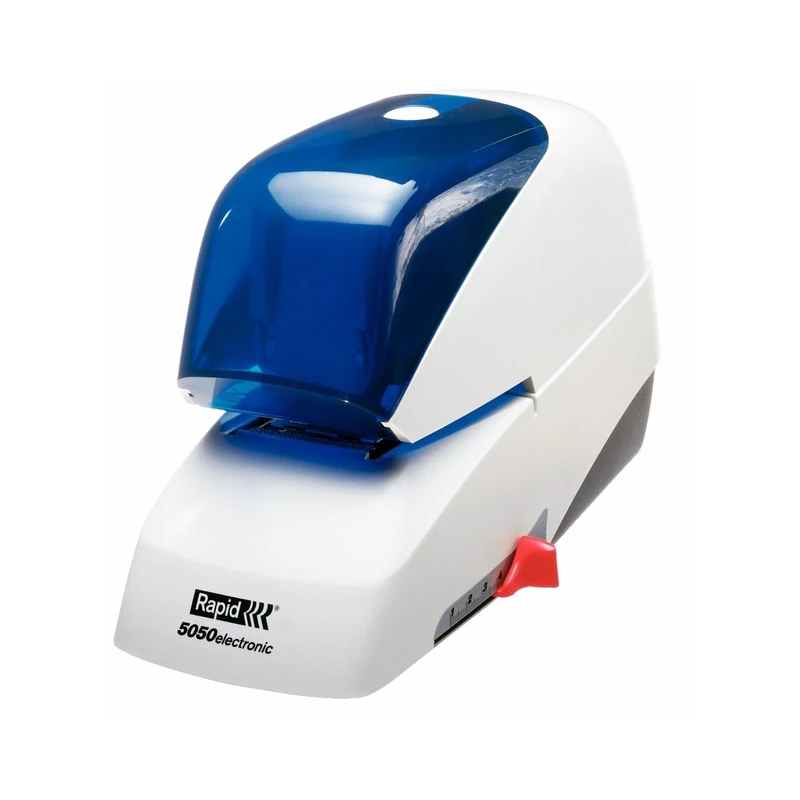 Rapid Supreme 5050e Contactless Electric Stapler, 50 Sheet Capacity, Mains Powered with global Plug, Flat Clinch Stapling, Staples Included, Metal and Plastic, White/Blue, 20993210