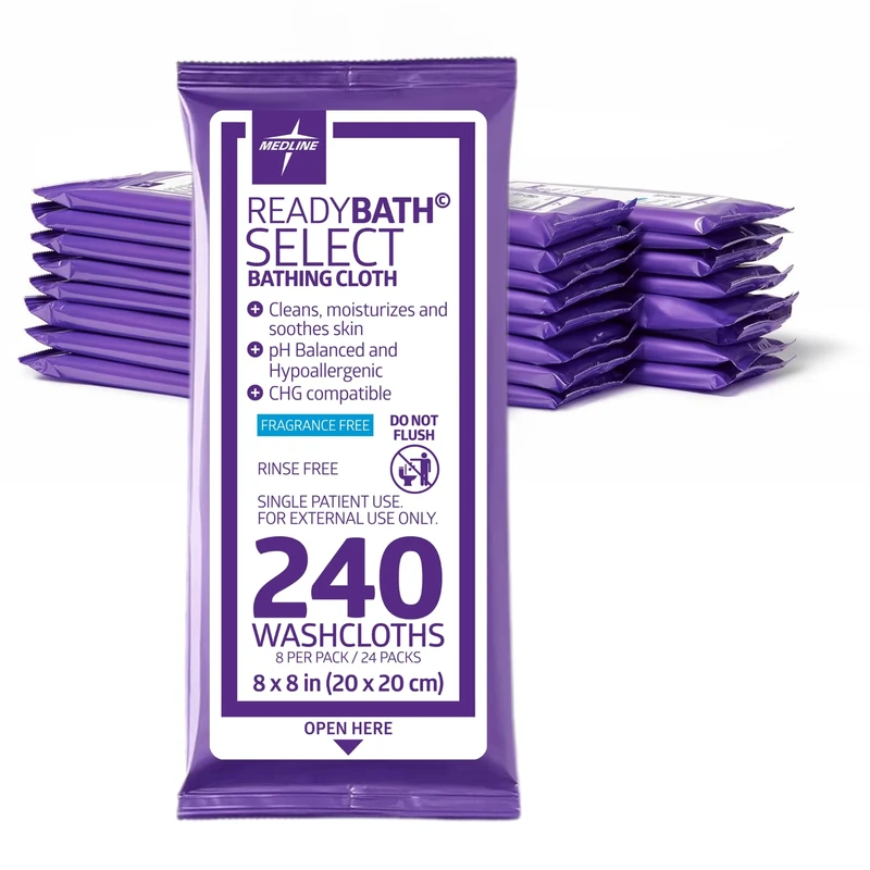 Medline ReadyBath Select Body Cleansing Cloth Wipes, Fragrance Free, Medium Weight Wipes (8 Count Pack, 30 Packs)