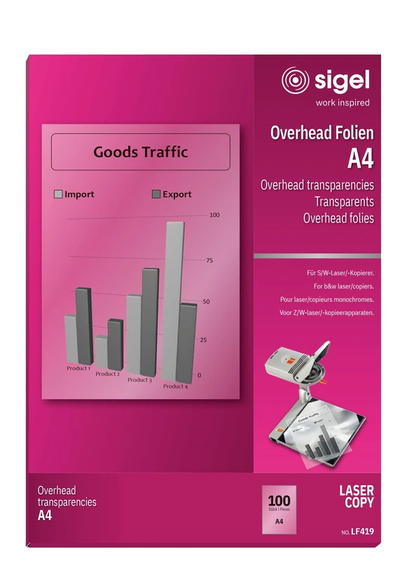 SIGEL LF419 Transparency Film for Laser/Copier BandW, clear, coated, auto feed, for double-sided printouts, 100 mic, A4, 100 sheets - Image 1