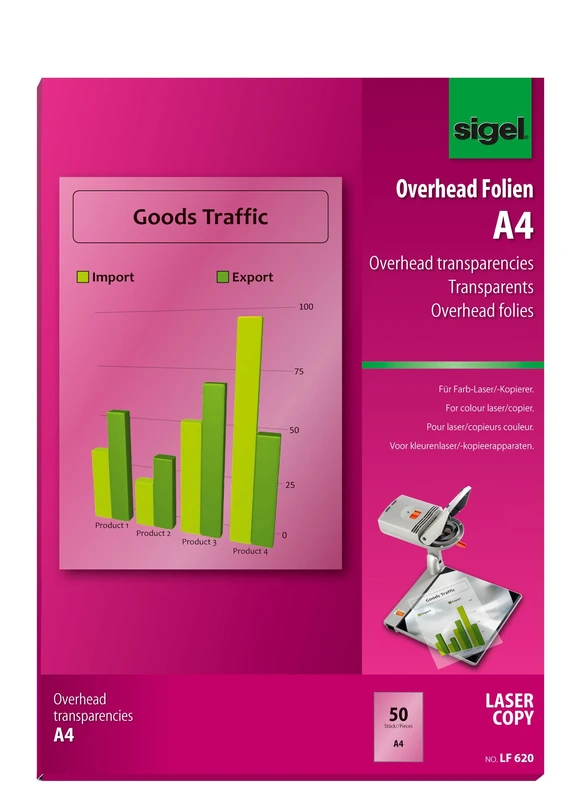SIGEL LF620 Transparency Film for Colour Laser/Copier, clear, auto feed, heat resistant, for double-sided printouts, 125 mic, A4, 50 sheets