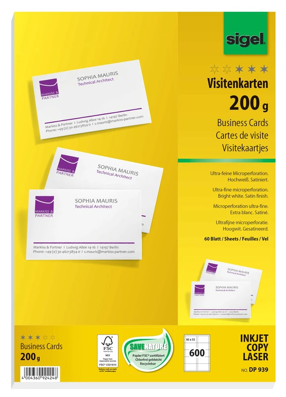 SIGEL DP939, 85x55 mm (A4), Business Cards, mp, 200 gsm, printable, bright White, 600 Piecesequal to60 sheets