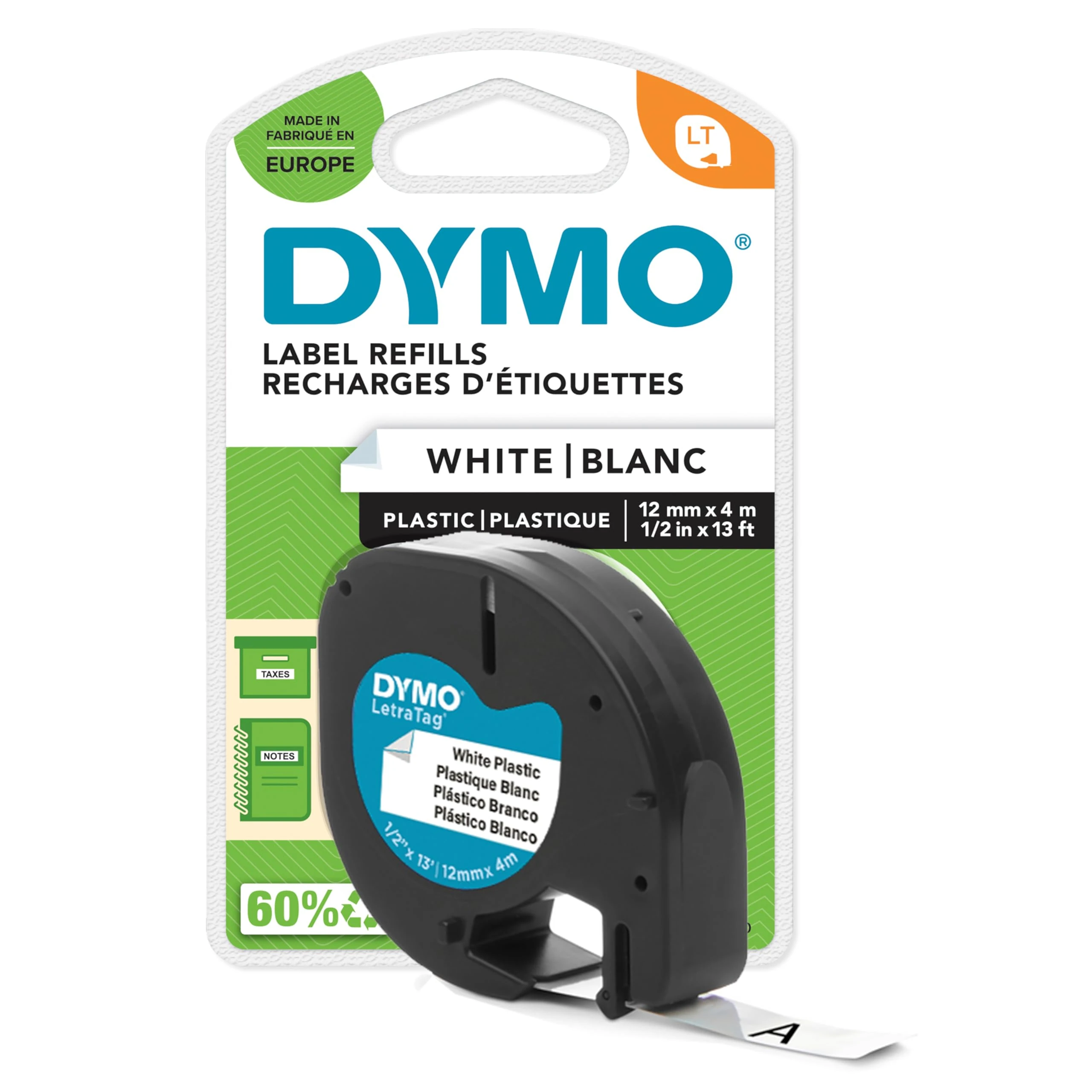 DYMO LETRATAG TAPE 12MMX4M WHITE PRL