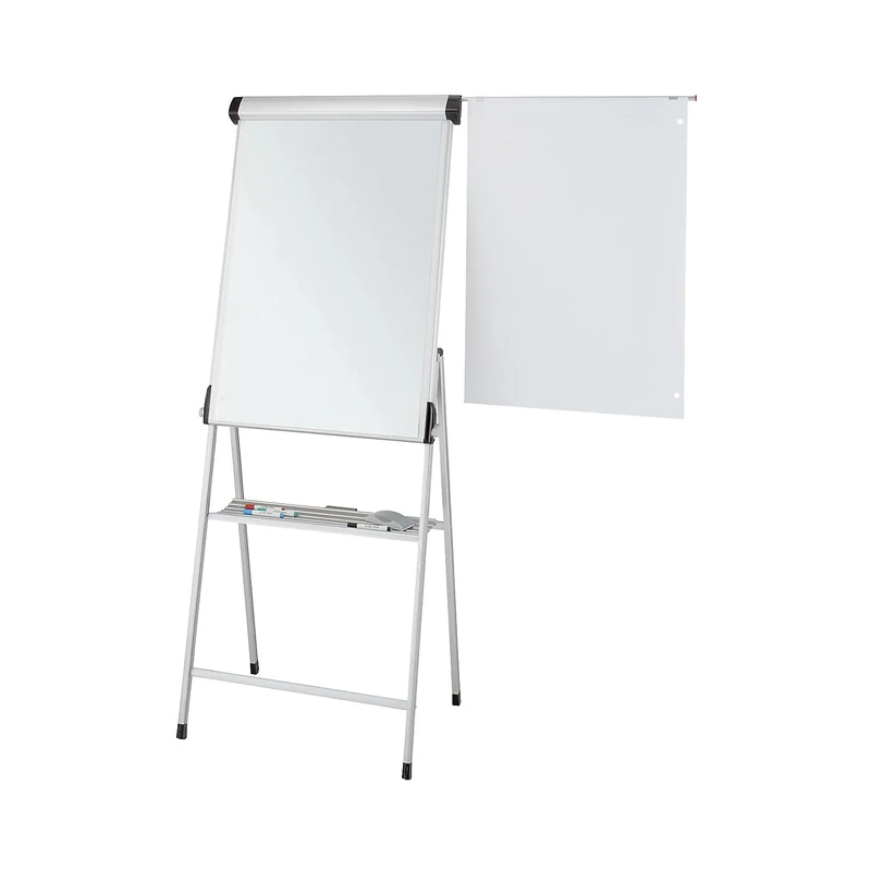 Maul Flipchart MAULpro 69 x 100.5 cm, Sturdy whiteboard with Four-Legged Frame and 4 Lockable Wheels, Height-Adjustable Magnetic Board with Block Holder and Storage Tray for Markers, Silver
