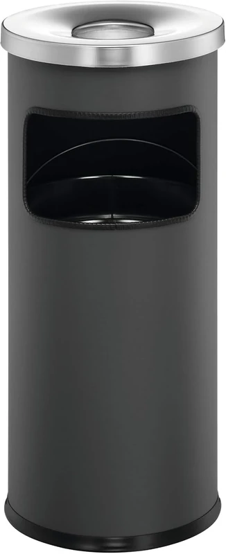 Durable Metal Round Waste Bin with Ashtray Top - Charcoal - Bin Capacity 17 Litres - Ashtray Capacity 2 Litres - Perfect For Sheltered Outdoor Areas