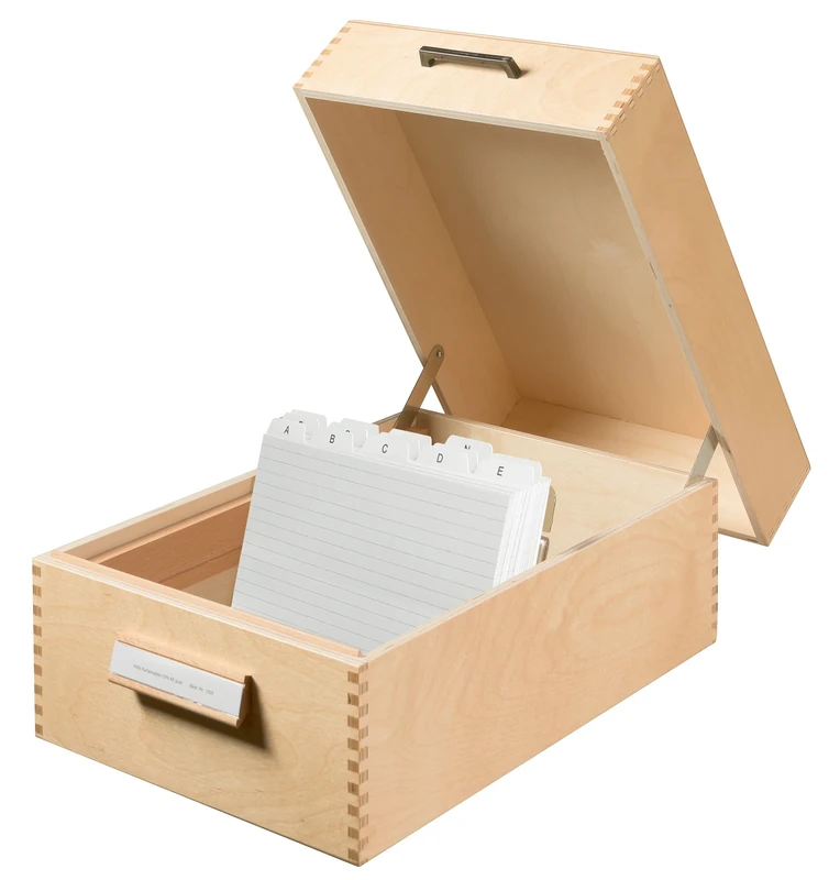 HAN 1005, Wooden card filing box A5 landscape, for 1,500 cards, metal base/support plate, natural wood