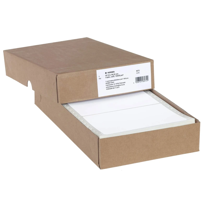 HERMA Perforated Continuous Computer Labels, 147.32 x 99.2 mm, Single-Track, 1000 Pieces, Self-Adhesive, Continuous Labels with Guide Hole Edge, Matte, Blank Paper Computer Labels, White