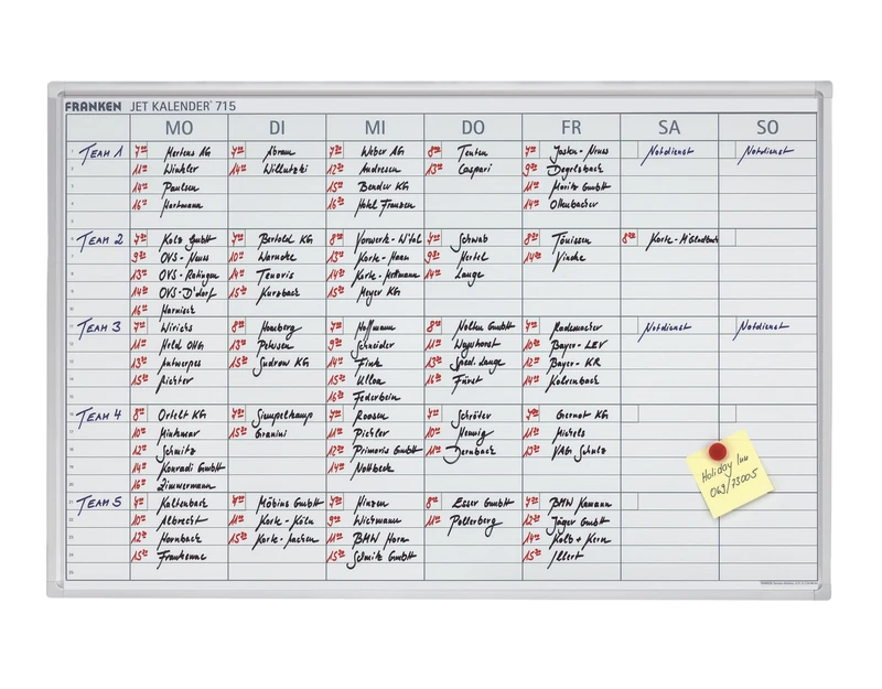 FRANKEN Monthly Planner Over 7 Day Week or Weekly Planner for 25 Employees, Varnished, Magnetic, Writeable, Wipe Clean, Aluminium Frame, Magnetic Board for Wall Mounting, 90 x 60 cm, JK715