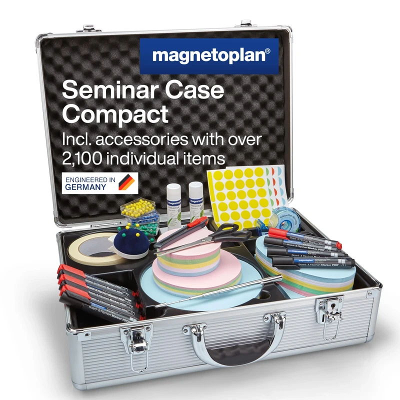 magnetoplan Moderationskoffer Kompakt | Inkl. 2100 Teile | HxBxT 340x470x165mm | Abschließbar für Schulungen & Seminare | Hochwertig & mobil
