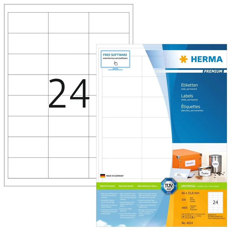 HERMA Self Adhesive Address Labels, 24 Labels per A4 Sheet, 200 Sheets, 66 x 33.8 mm, 4800 Labels, Blank Mailing Labels Stickers, Sticky Labels for Laser & Inkjet Printer, White