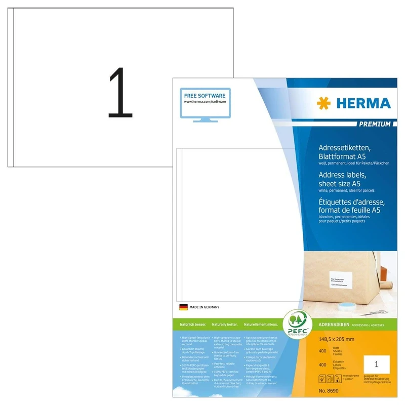 HERMA Self Adhesive Multipurpose Labels - 400 Sheets, A5 Size, White Blank Stickers for Laser & Inkjet Printers