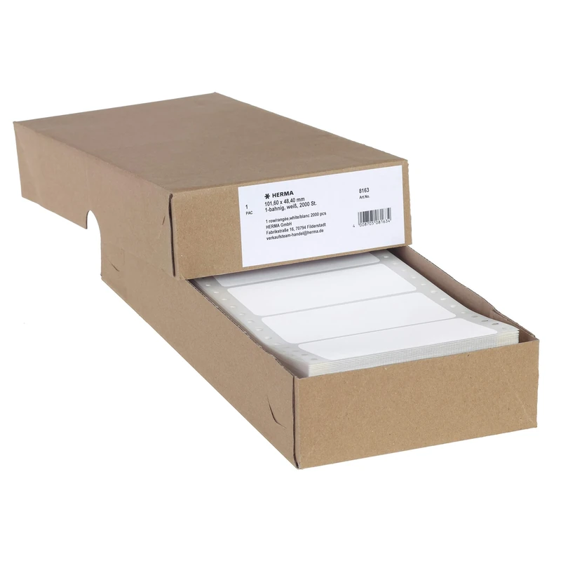HERMA Continuous Computer Labels, 101.6 x 48.4 mm, Single-Track, 2000 Pieces, Self-Adhesive, Continuous Labels with Guide Hole Edge, Matte, Blank Paper Computer Labels, White