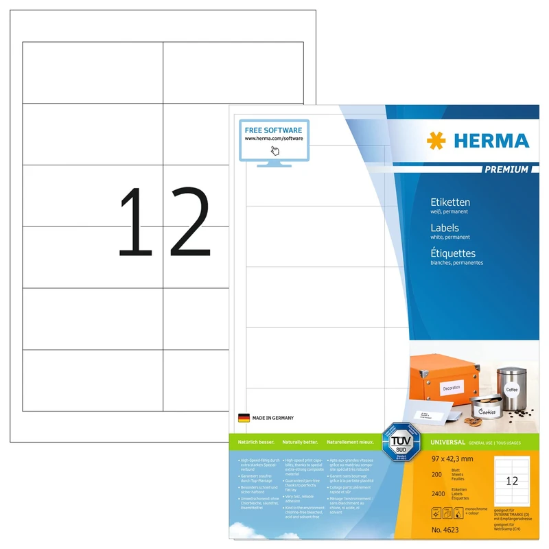 HERMA Self Adhesive Labels - 200 Sheets A4 - 97 x 42.3 mm