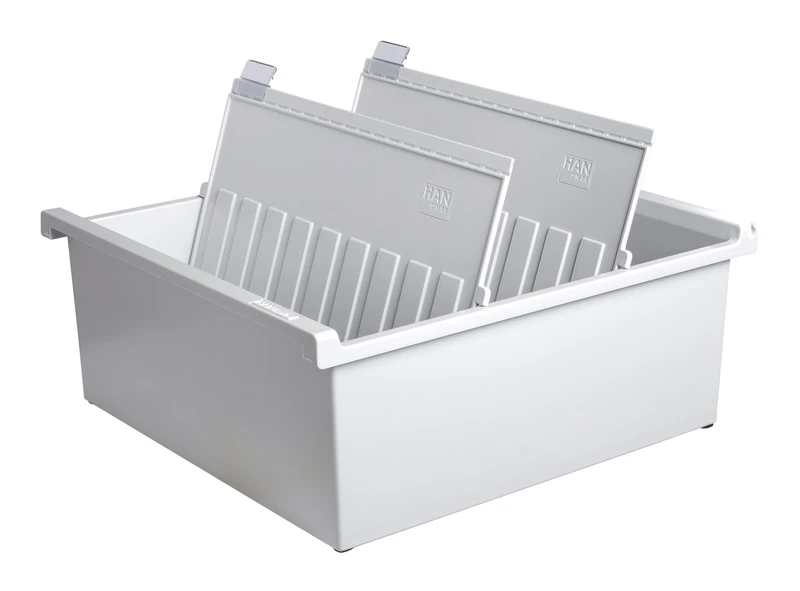 HAN 954-0-11, Card index tray A4 landscape. Innovative, attractive design holds 1,300 cards, supplied with 2 support plates with clear file clips, light-grey