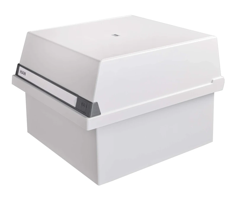 HAN 954-11, Card filing box A4 landscape. Innovative, attractive design holds 1,300 cards, readjustable lid supplied with large inscription label, light-grey