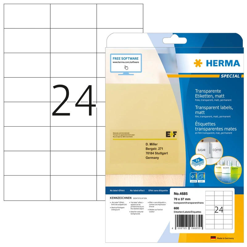 HERMA Self Adhesive Clear Film Labels, 24 Labels per A4 Sheet, 25 Sheets, 70 x 37 mm, 600 Labels, Blank Weatherproof Labels Stickers, Sticky Labels for Laser & Inkjet Printer, Transparent