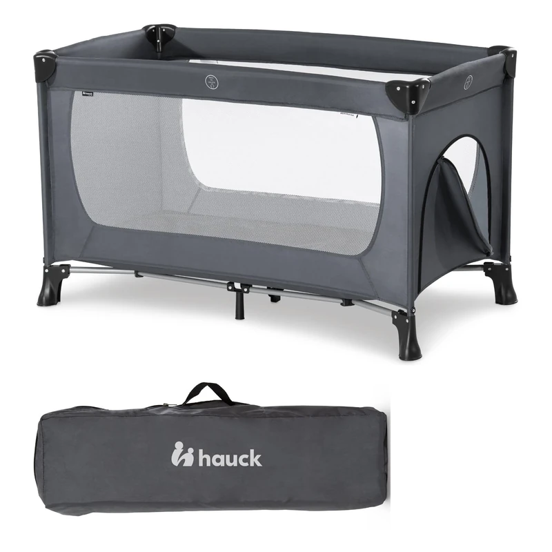 Hauck Travel Cot Dream N Play Plus / for Babys and Toddlers from Birth up to 15 kg / 120 x 60 cm / Side Hatch / Light / Foldable / Compact / Transport Bag Included / Grey