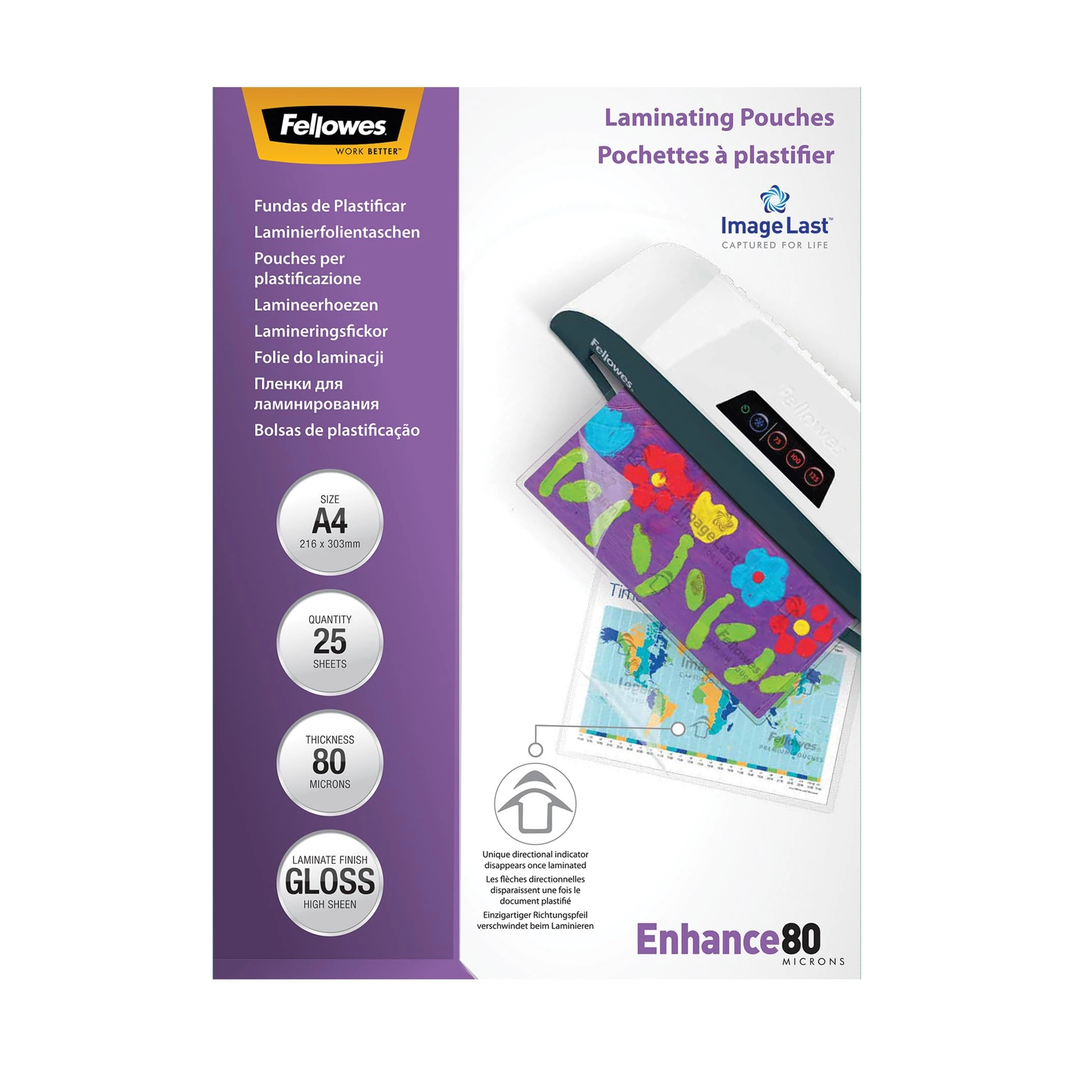 Fellowes A4 Laminating Pouches - Gloss Finish - 25 Sheets - 160 Micron (2 x 80 Micron) High Quality Finish with Image Last Directional Quality Mark - Ideal for Photos and Notices