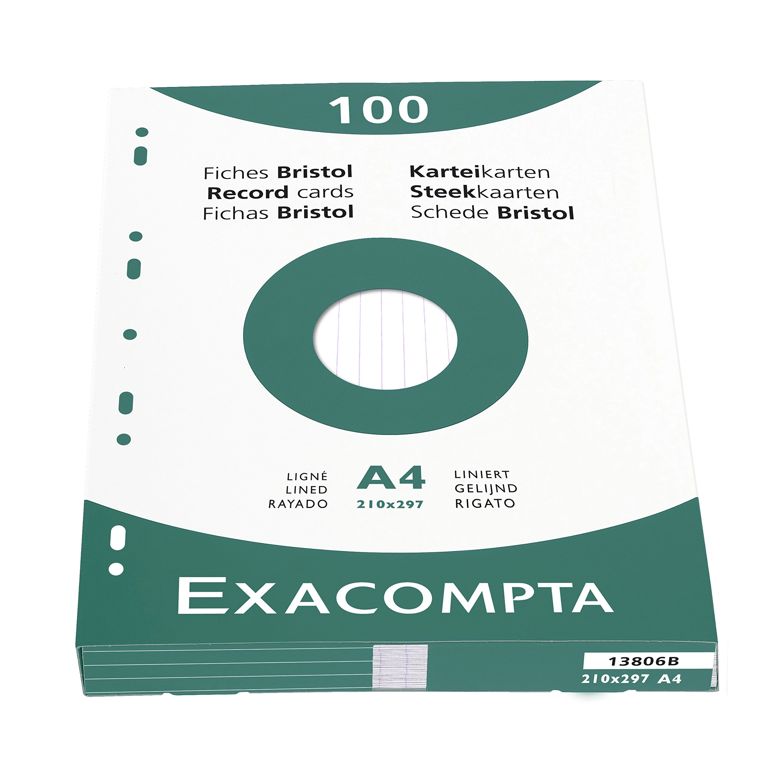 Exacompta - Ref 13806B - Bristol Lined Record Cards (Pack of 100) - A4 in Size, 205gsm Card, Compatible with Printers - Suitable for Exam Revision & Notes - White