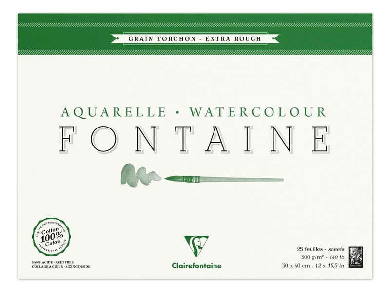 Clairefontaine - Ref 96430C - Fontaine Extra Rough Watercolour Glued Pad (25 Sheets) - 30 x 40cm Size, 300gsm Paper - Suitable for Watercolour Artwork