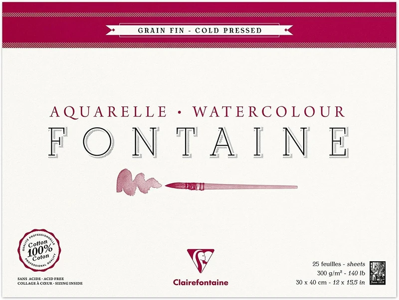 Clairefontaine - Ref 96415C - Fontaine Cold Pressed Watercolour Glued Pad (25 Sheets) - 30 x 40cm Size, 300gsm Paper - Suitable for Watercolour Artwork