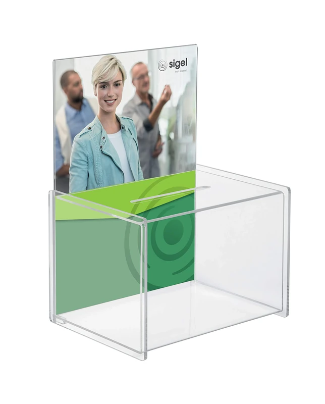 SIGEL VA150 Promotional Box / Suggestion Box, 22.5 x 30 x 17 cm, with instert panel for A4, acrylic, transparent