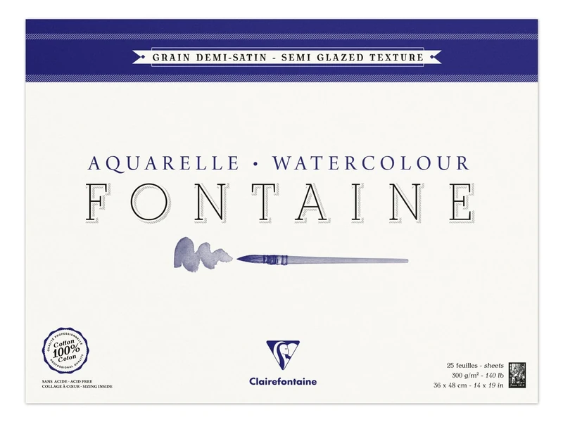 Clairefontaine - Ref 96429C - Fontaine Extra Rough Watercolour Glued Pad (25 Sheets) - 24 x 30cm Size, 300gsm Paper - Suitable for Watercolour Artwork
