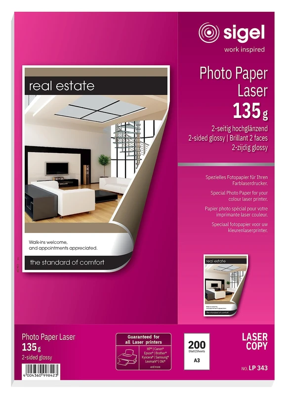 SIGEL LP343 Photo Paper for Colour Laser/ Copier, A3, White, 135gsm, 100 sheets