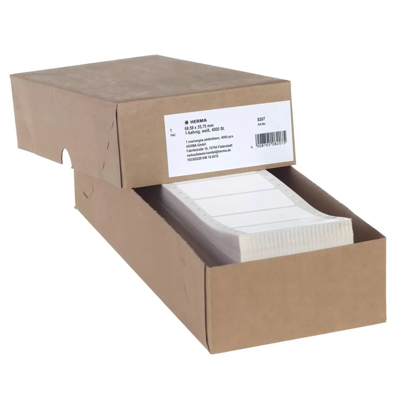 HERMA Continuous Computer Labels, 68.58 x 35.7 mm, Single-Track, 4000 Pieces, Self-Adhesive, Continuous Labels with Guide Hole Edge, Matte, Blank Paper Computer Labels, White