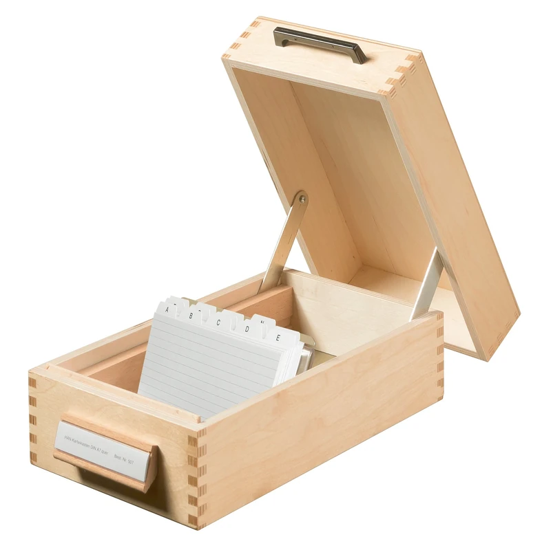 HAN 507, Wooden card filing box A7 landscape, for 900 cards, metal base/support plate, natural wood