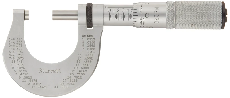 Starrett 230RL Outside Micrometer, Ratchet Stop, Lock Nut, 0-1" Range, 0.001" Graduation, +/-0.0001" Accuracy
