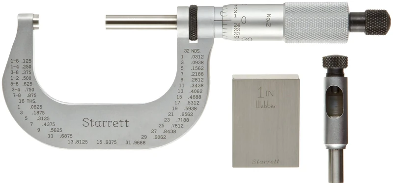 Starrett 2ARL Outside Micrometer, Ratchet Stop, Lock Nut, 0-2" Range, 0.001" Graduation, +/-0.0001" Accuracy, Hardened Steel Attachment