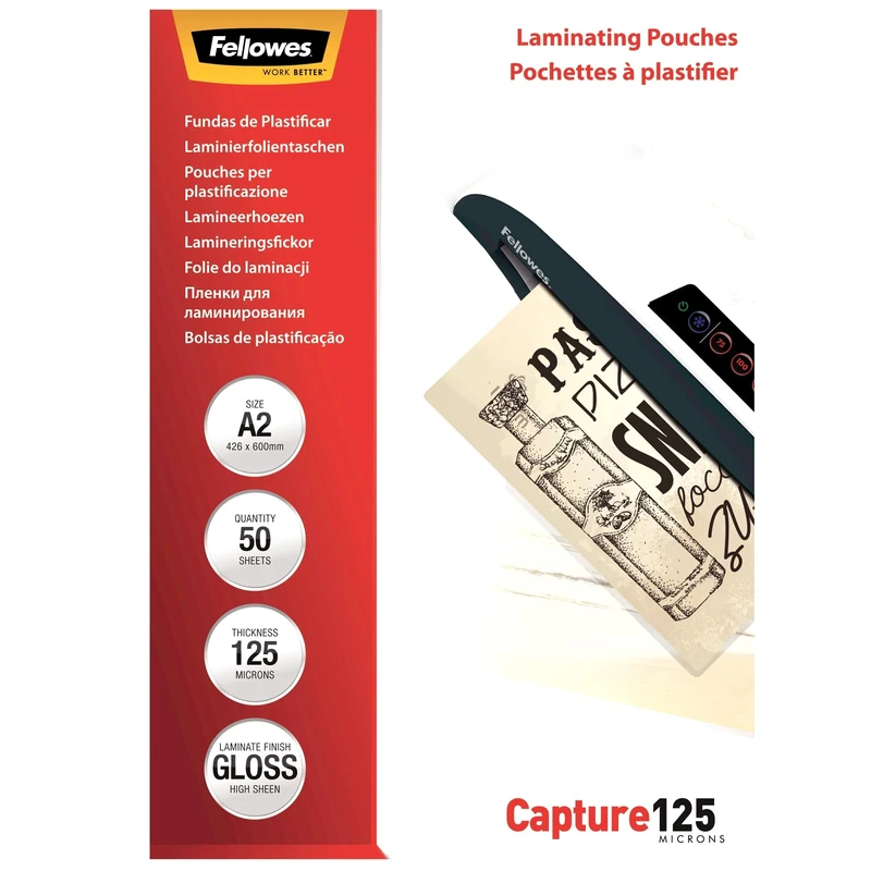 Fellowes Capture A2 125 Micron Glossy Laminating Pouches (Pack of 50) - Image 1