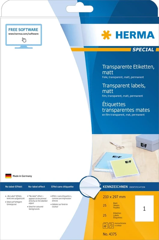 HERMA 4375 210x297mm Colour Laser Rectangular Clear Labels - Matte Transparent (25 Labels, 1 per Sheet)