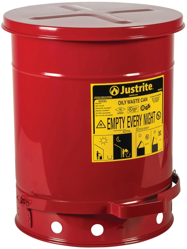 Justrite 09300 Galvanized Steel Oily Waste Safety Can with Foot Lever, 34 L Capacity, 13-15/16" OD x 18-1/4" H, Red