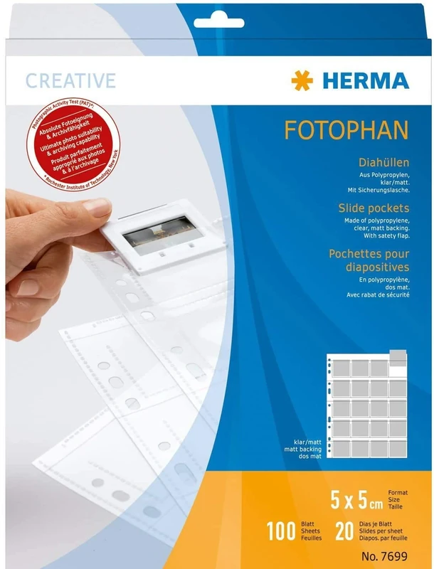 HERMA 7699 Slide Sleeves for Framed Slides, Pack of 100, 5 x 5 cm, 20 Compartments, Clear/Matt, Visible on Both Sides, Fotophan Photo Covers, Collecting Sleeves with Euro Holes for Slide Archiving, - Image 1