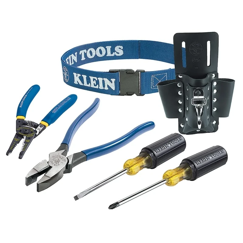 Klein Tools 80006 Trim-Out Tool Kit with Klein Tools Hand Tools and a 4-Pocket Leather Tool Pouch, 6-Piece