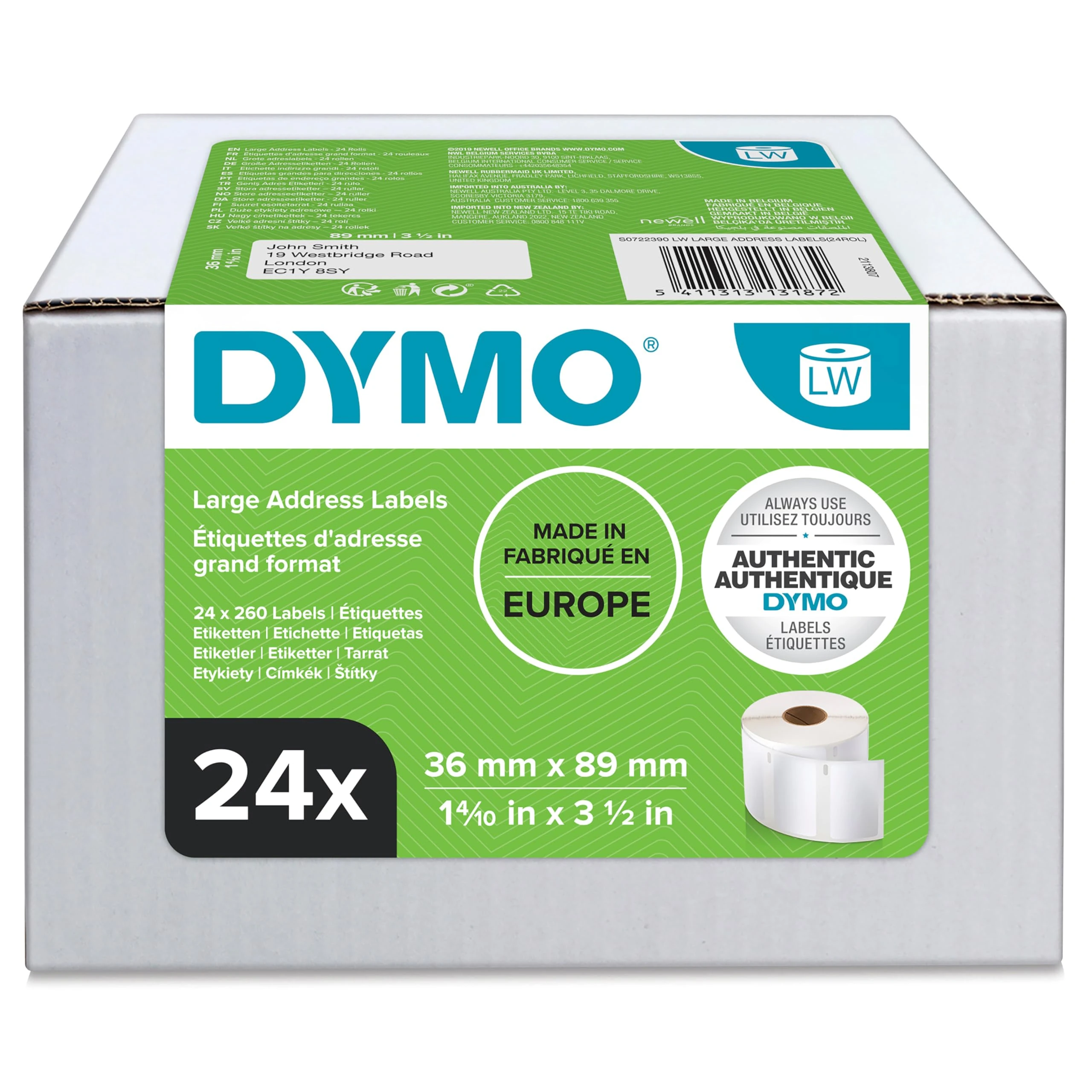 DYMO Authentic LabelWriter Large Address Labels | 36mm x 89mm | 24 Rolls of 260 Easy-Peel Labels (6240 labels) | Self-Adhesive | for LabelWriter Label Makers