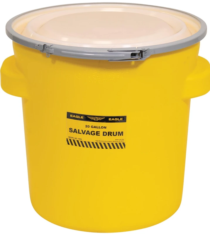 Eagle 1654 Yellow Blow-Molded HDPE Salvage Drum with Metal Ring Lever-Lock Lid, 20 gallon Capacity, 21" Height, 21" Diameter - Image 1