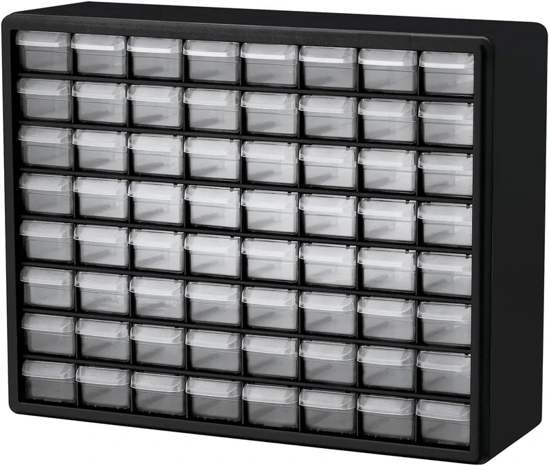 Akro-Mils 10164 64-Drawer Plastic Drawer Storage Cabinet for Garage Organization, Teacher Toolbox, Makeup Organizer, and More, 50.8 cm W x 16 cm D x 40.6 cm H, Black