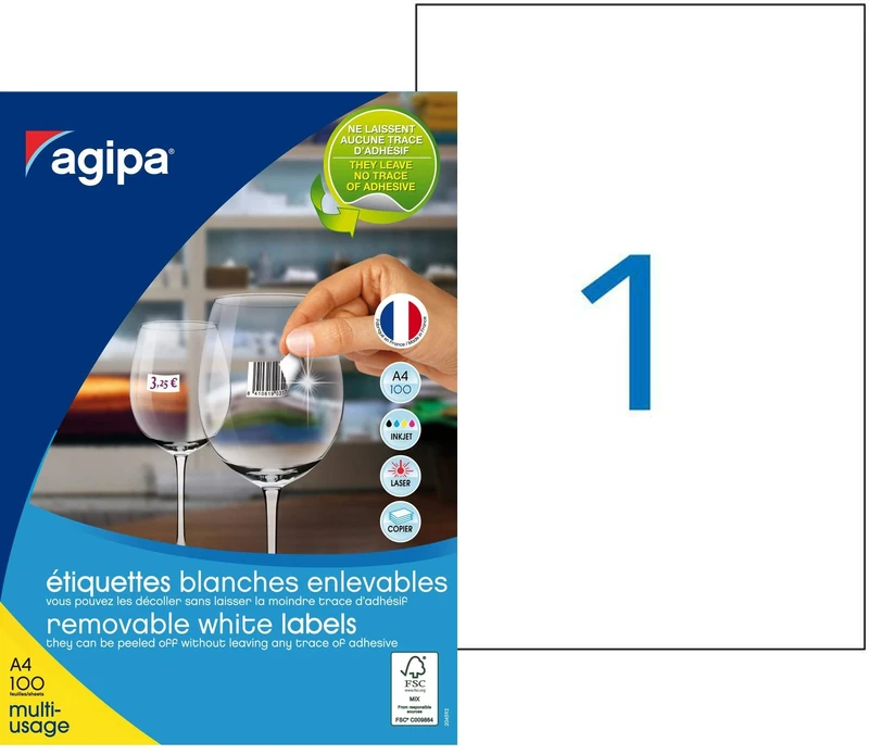 Pack of 100 Removable Labels 210 x 297 mm White
