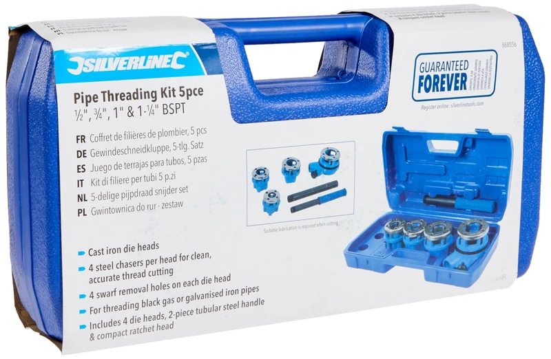 Silverline Pipe Threading Kit – 5 Piece Set, 1/2”, 3/4”, 1” & 1-1/4” BSPT Thread Sizes, Plumbing Tool for Thread Cutting (868556)