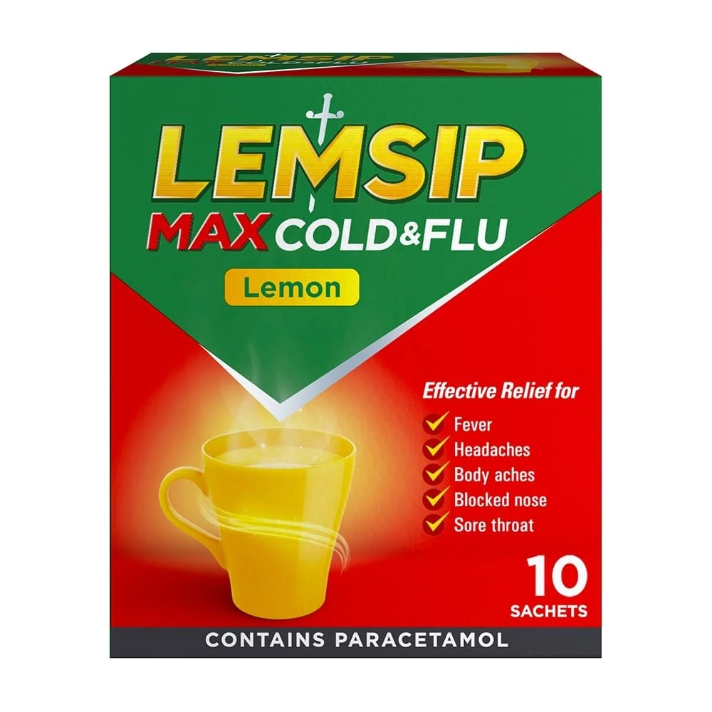 Lemsip Cold and Flu Sachets, Lemon, 10 Total, Paracetamol, Cold and Flu Relief, Headache, Blocked Nose Relief, Sore Throat Relief, Fever, Full Relief, Decongestants, Medication