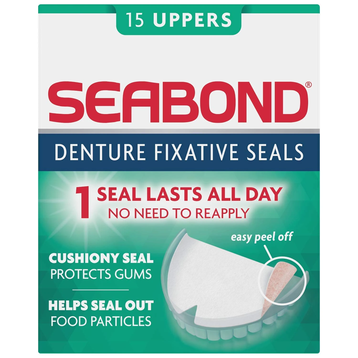 Seabond Denture Fixative Seals, Soft Adhesive Cushion, Last All Day & Protect Gums, 15 Uppers