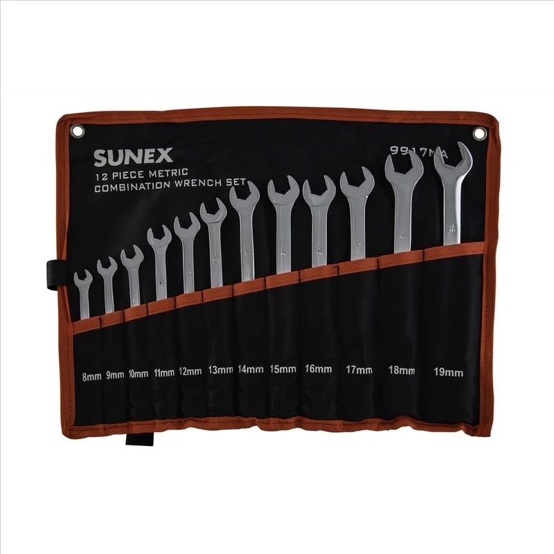 Sunex Tools 9917MA Metric V-Groove Combination Wrench Set, 8mm - 19mm, Fully Polished, 12-Piece (Includes Roll-Case)