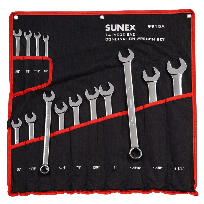 Sunex 9915A V-Groove Fractional Full Polish Combination Wrench Set, 3/8-Inch - 1-1/4-Inch, Fully Polished, 14-Piece (Includes Roll-Case)