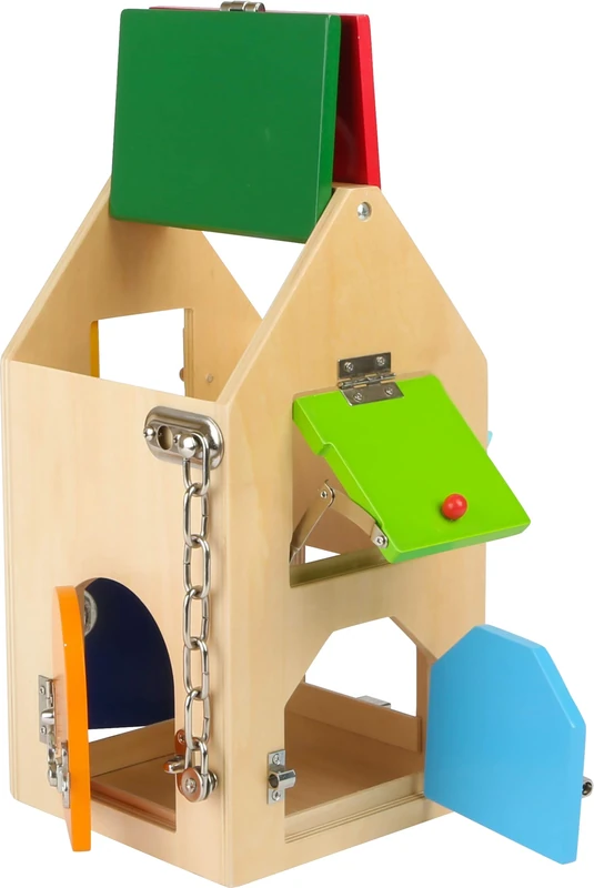 small foot 4432 House of Locks, made of wood, with locks, latches, levers, hinges, & safety chain, for ages 3+ years